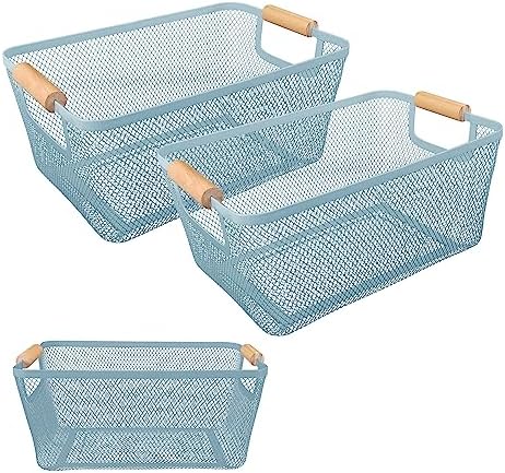 2Pack Metal Mesh Steel Basket with Bamboo Handle - Wire Metal Basket for Kitchen Organization, 12" Wide Food Organizer Bin, Perfect for Organizing Bulk Pantry (BLUE) by PTSGCAI