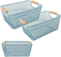 2Pack Metal Mesh Steel Basket with Bamboo Handle - Wire Metal Basket for Kitchen Organization, 12" Wide Food Organizer Bin, Perfect for Organizing Bulk Pantry (BLUE) by PTSGCAI