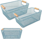 2Pack Metal Mesh Steel Basket with Bamboo Handle - Wire Metal Basket for Kitchen Organization, 12" Wide Food Organizer Bin, Perfect for Organizing Bulk Pantry (BLUE) by PTSGCAI