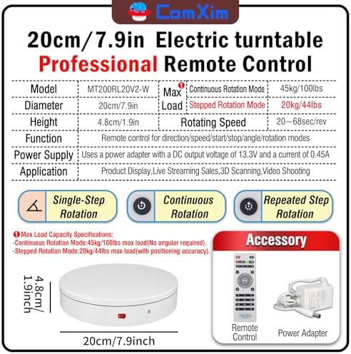 7.9In Remote Motorized Electric Turntable Rotating Display Stand Spinning Rotating Platform 360 Photography Turntable lazy susan base giratoria para for Photography,Display(Load Range:40~100lbs) - Image 2