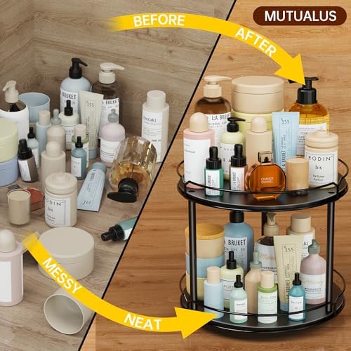 Lazy Susan Organizer 2 Tier - 12.4" Turntable Spice Rack for Table Top, Wooden Rotating Lazy Susan for Cabinet Pantry Kitchen Countertop Dining Table Cupboard Bathroom Vanity Storage(Black) - Image 6