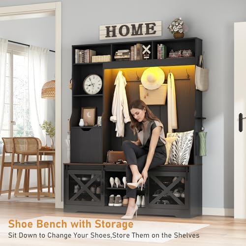 75''H 59''W Large LED Farmhouse Hall Tree with Bench and Shoe Storage,Entryway Bench with Coat Rack,16 Shoe Cubbies & Umbrella Holder and Sock Storage Drawer,Mudroom/Hallway Storages Cabinet(black) - Image 4