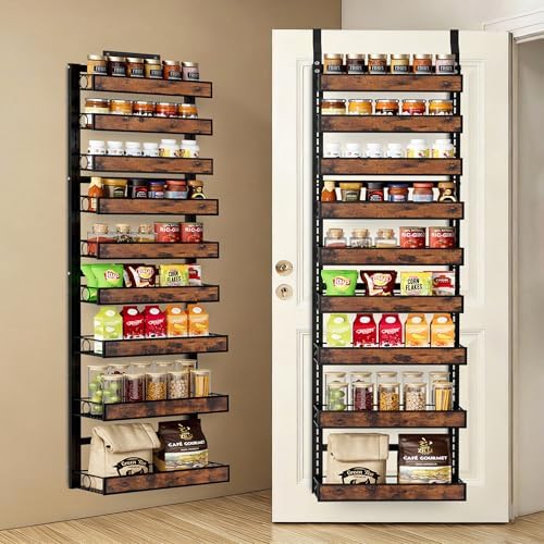 9 Tier Over The Door Pantry Orangizer 2 IN 1 Wall Mounted or Hanging Spice Rack with Adjustable Wood Basket,Heavy Duty Seasoning Storage Shelf for Kitchen Pantry and Bathroom Black by Clothink