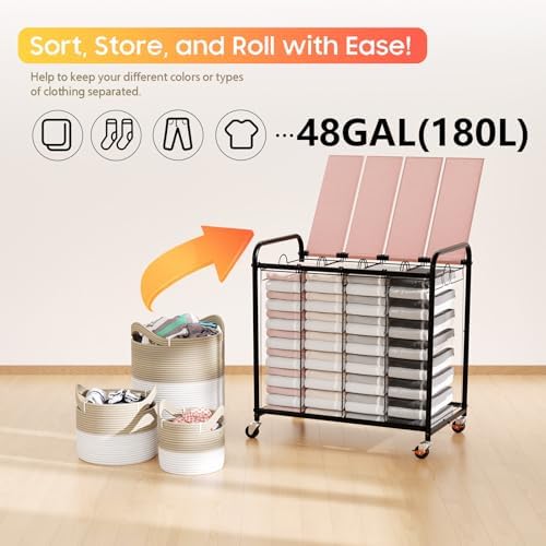 Laundry Sorter 4 Sections 48 Gal, Rolling Laundry Basket with Wheels ＆ Lid - Image 6