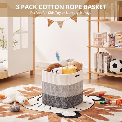 OIAHOMY 13 Inch Cube Storage Bins, 3-Pack Cotton Rope Woven Baskets for Organizing, Insert Storage Baskets for Shelves, Baby Nursery, Closet Organizer, 13 * 13 * 12.6IN, Gradient Gray - Image 4