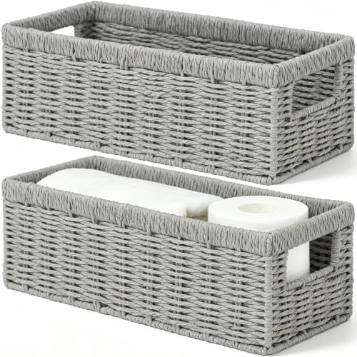 Vagusicc Wicker Storage Basket, Paper Rope Wicker Baskets with Handles, Toilet Paper Basket for Toilet Tank Top, Small Wicke Baskets for Organizing Shelves, 2-Pack, Grey by Vagusicc