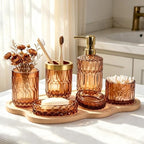 Bathroom Accessories Set, 5Pcs Clear Glass Bathroom Accessories, Soap Dispenser, Soap Dish, Toothbrush Holder Set, Tumbler, Qtips Holder for Vintage Crystal Bath Decor (Amber) by QIQU