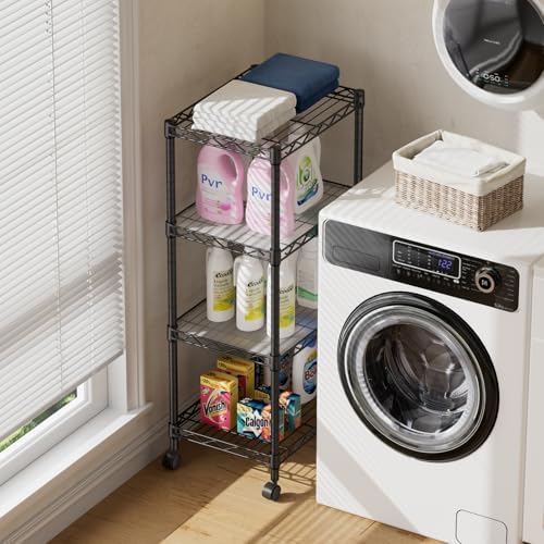 SINGAYE 4 Small Shelves Storage Shelf Wire Shelving Unit Metal Shelf Adjustable Organizers Storage Shelving with Wheels for Bathroom Laundry Room Kitchen Pantry11.5”D x 17.3”W x 44.5”H Black - Image 2