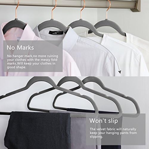 MIZGI Gray Velvet Hangers 30 Pack Non Slip Heavy Duty Rose Gold Hooks - Image 4