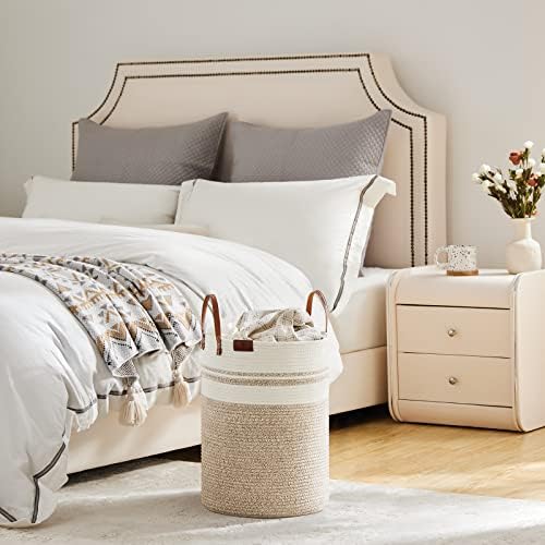 VIPOSCO 30L Small Woven Rope Laundry Hamper, Leather Handles, Brown & White - Image 4