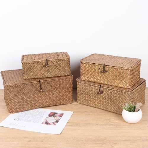 FEIALNDUO Wicker Shelf Baskets with Lid,Seagrass Storage Basket Bins Rectangular Handwoven Basket Boxes for Shelves Desktop Home Organizer (Coffee, Large) - Image 2