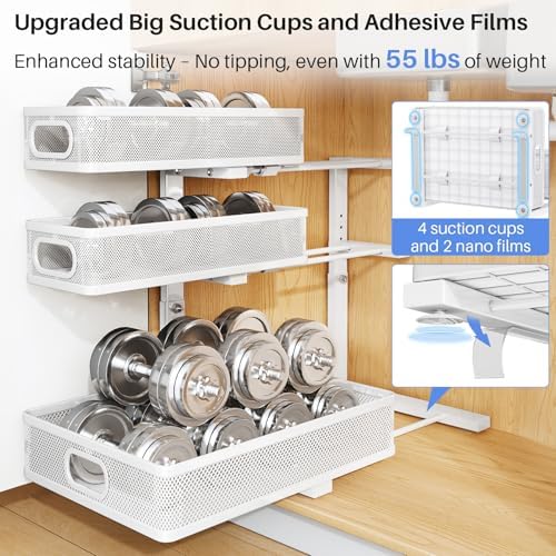 Under Sink Organizer, 3-Tier Thickened Metal Pull out Cabinet Organizer Shelf, Height Adjustable Slide out Storage Drawer Rack for Kitchen Bathroom Pantry Laundry Home Organization, 2-Pack, White - Image 6