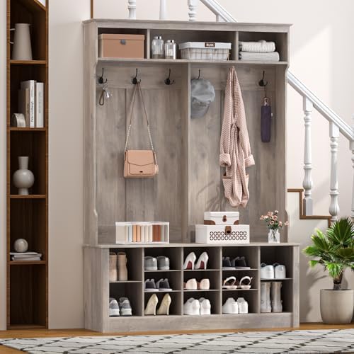 Wodeer Hall Tree with Bench and Shoe Storage, 53" Farmhouse 4-in-1 Mudroom Storage Organizer with Coat Rack, 6 Hooks, 12 Shoe Cubbies, Adjustable Shelf, for Entryway, Hallway, Living Room, Grey - Image 2