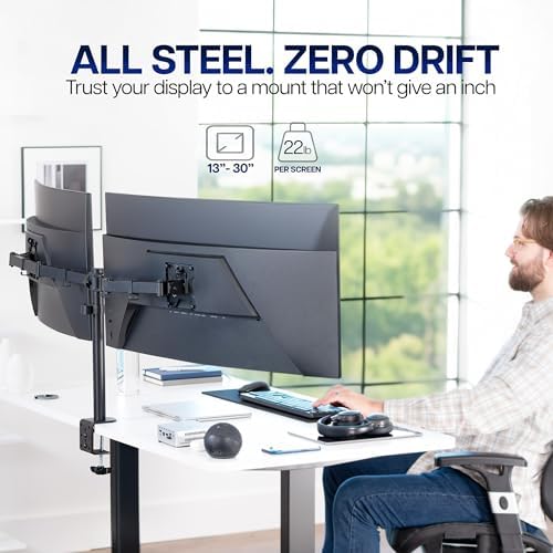 VIVO Dual Ultrawide Monitor Desk Mount, Heavy Duty Fully Adjustable Steel Stand, Holds 2 Computer Screens up to 38 inches and Max 22lbs Each, Black, STAND-V038 - Image 2
