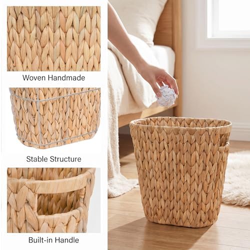iEGrow 2 Pack Wicker Trash Can, Wicker Waste Basket for Bathroom, Woven Water Hyacinth Wicker Boho Garbage Can Built-in Handles for Bedroom, Office, Decor Home, Kitchen, Living Room (Oval) - Image 3