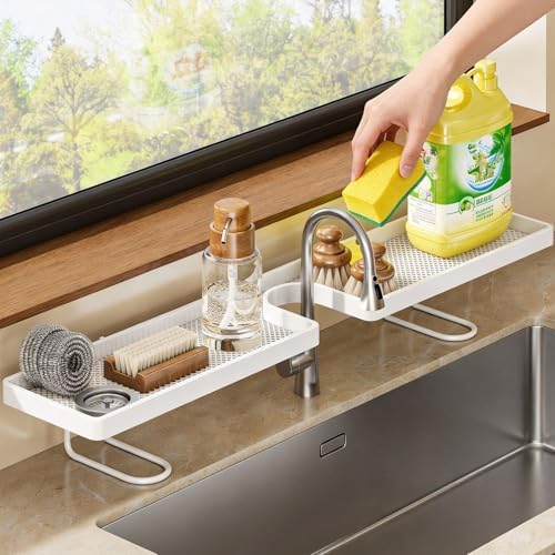 Sink Organizer Rack,No-Drill Freestanding Carbon Steel Faucet Storage Shelf, Washbasin Shelf, Tool-Free Organizer, Space-Saving Bathroom Countertop Organizer, Easy Drainage New (White Large) - Image 5