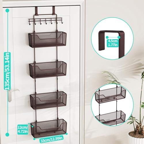 HapiRm Over The Door Organizer - Hanging Door Organizer with 4 Metal Large Capacity Baskets and Adjustable Coat Hook for Bathroom Bedroom Kitchen Pantry Closet Cabinet - Image 3
