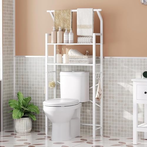 YATINEY 2-Tier Over The Toilet Storage, Multifunctional Vertical Over Toilet Bathroom Organizer, Freestanding Bathroom Storage Shelves with Hooks, Bathroom Organizer, Rustic Brown and Black TR01WT - Image 2