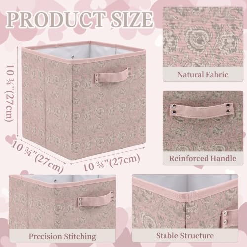 6 Pcs Pink Fabric Vintage Cube Storage Bins 11Inch Storage Basket with Handle, Linen Collapsible Fabric Box for Classroom Bedrooms Office Home Decoration (Pink and beige) - Image 3