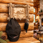 Rustic Log Cabin Style Key Hanger, Wall Mounted Key Holder with Deer Antler Hooks, with Laser Engraved Cabin and Buck Scene - Image 5