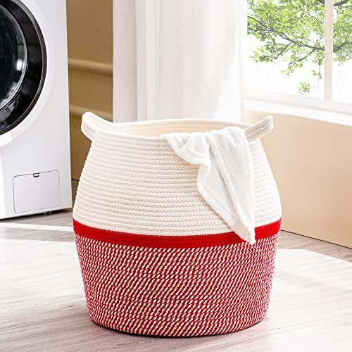 KAKAMAY Woven Baskets for Storage(17"x17"),Large Cotton Rope Woven Baby Laundry Hamper,Collapsible Laundry Basket, Blanket Basket for Organizing Living Room,Nursery,Pillows,Toy Chest(Red) - Image 3
