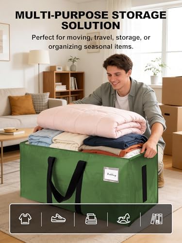HOMESURE Supports 200lbs Heavy Duty Moving Bags - Strong Zipper & Wrap-Around Handles - Water-Resistant Storage Totes, Durable Alternative to Moving Boxes - 8 Pack - Olive Green - Image 4
