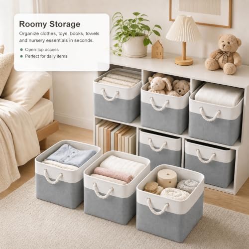 11x11 Inch Cube Storage Bins, 8 Pack Collapsible Fabric Storage Cubes with Rope Handles, Waterproof Foldable Storage Baskets for Cube Shelves, Closet, Clothes, Toys, Books, White & Gray - Image 2