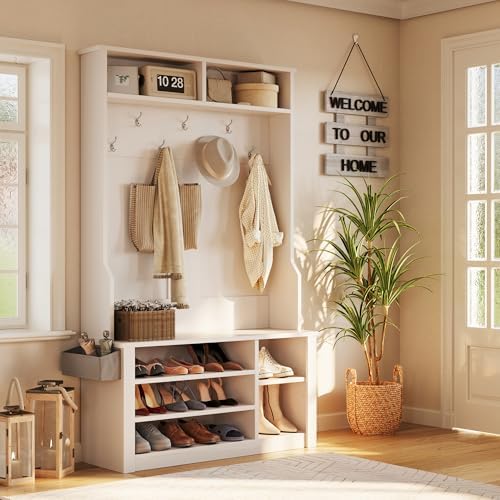 Aiho Hall Tree with Bench and Shoe Storage, 3-in-1 Entryway Hall Tree, with Adjustable Shoe Storage, for Entryway, Hallway, White by AIHO