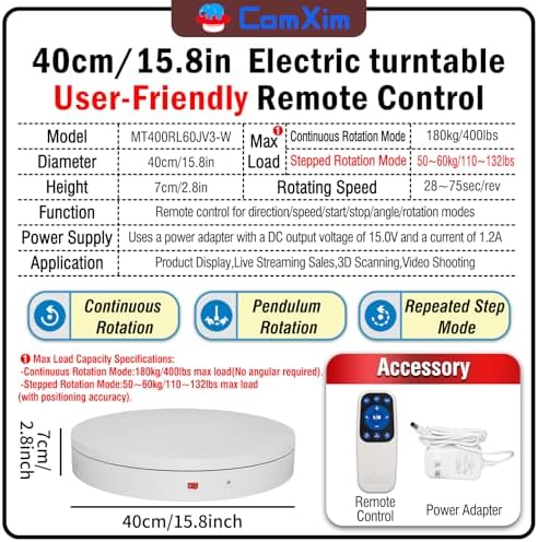 15.8In Remote Motorized Electric Turntable Rotating Display Stand Rotating Platform Photography Turntable motorized lazy susan base giratoria para for Photography,3D Scanner,(Load Range:132~400lbs) - Image 2