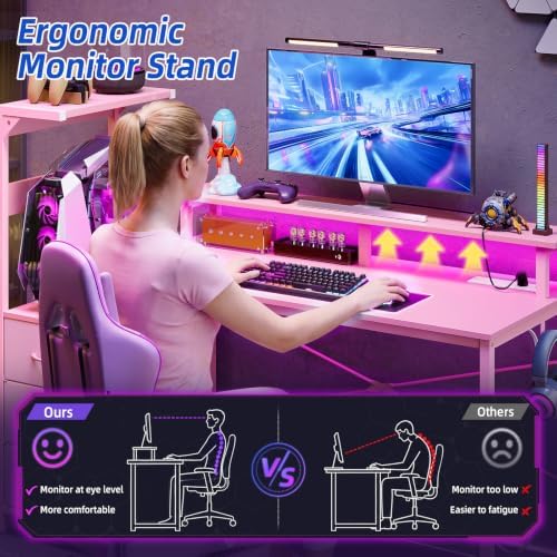 SUPERLELE Gaming Desk with Power Outlet, LED Lights, Storage Shelf & Drawer - Image 6