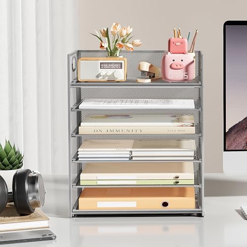 Subekyu 6 Tier Paper Organizer for Desk with Handle, Metal Mesh Desk Office File Folder Paper Letter Tray Accessories Organizer Sorter for Home, School, Office Desktop Document Organization - Silver - Image 3