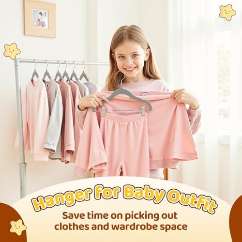 Flottian 36-Pack Baby and Kids Velvet Hangers with Clips, Non Slip and Space-Saving Kids Pants Hangers for Baby/Toddler Pants, Skirts, Coats, Gray - Image 7