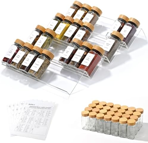 Acrylic Spice Drawer Organizer with 28 Spice Jars and 216 Labels,Non-slip Rubber, 4 Tier Spice Racks Tray Seasoning Containers for Kitchen Drawers,Cabinets,Countertops,13" Wide * 18" Deep by KitHero