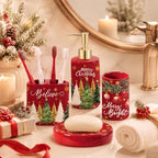 4 Pcs Christmas Ceramic Bathroom Accessories Gifts Xmas Tree Bath Tumbler Soap Dispenser Toothbrush Holder Soap Tray Merry Xmas Bathroom Decorations(Red Merry Christmas) - Image 2