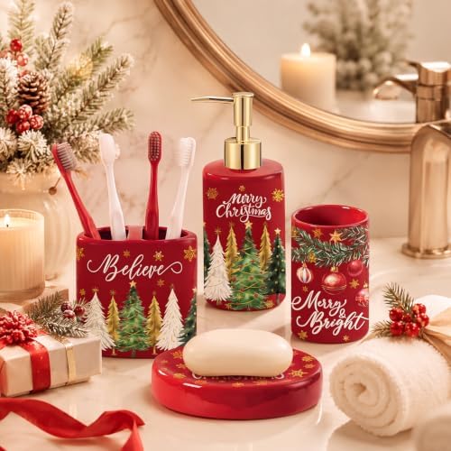 4 Pcs Christmas Ceramic Bathroom Accessories Gifts Xmas Tree Bath Tumbler Soap Dispenser Toothbrush Holder Soap Tray Merry Xmas Bathroom Decorations(Red Merry Christmas) - Image 2