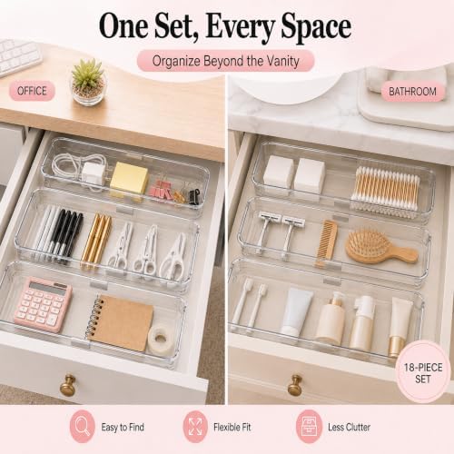 18 Pcs Clear Adjustable Drawer Organizer, 2-Size Desk Drawer Organizer Box, Acrylic Storage Bins for Makeup, Cosmetic, Kitchen Utensils, Bedroom Dressers Tool Organizer for Gadgets (18) - Image 6