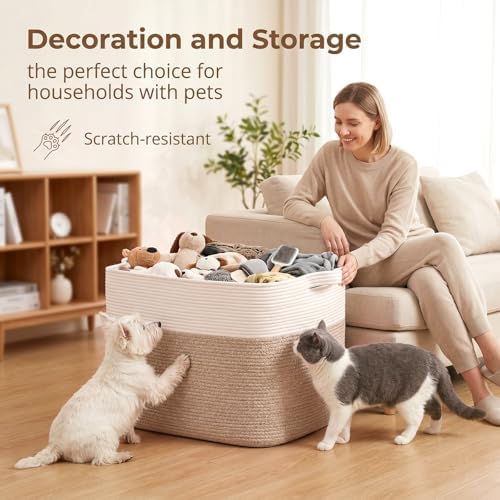 OIASKET 108L Cotton Rope Storage Basket for Living Room and Bedroom 25"x16"x16" Woven Laundry Basket, Heavy Duty Bin for Blankets, Pillows & Toys, Pet-Safe & Scratch-Free, Brown and White - Image 5