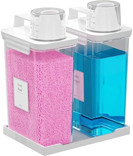 77.8OZ Laundry Detergent Dispenser Container, 2 Pack Liquid Laundry Dispenser, Plastic Detergent Dispensers for Laundry Room/Powder/Fabric Softener with Labels/Tray, Clear by Hordely