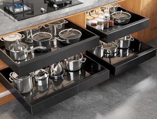 Seinloes 4 Pack Expandable (15.1"-26.3") Pull Out Cabinet Organizer 21" Deep With Raising Pad for Framed Cabinets,Upgrade 3 Slide Rails Slide Out Drawers,No Drill Roll Out Shelves Adhesive,Black by Seinloes