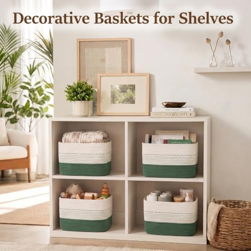 OIASKET 4 Pack Storage Baskets for Organizing, 13"X9"X7.87", Decorative Cotton Rope Baskets for Shelves, Small Woven Basket for Toys, Books and Towels, Green & White - Image 2