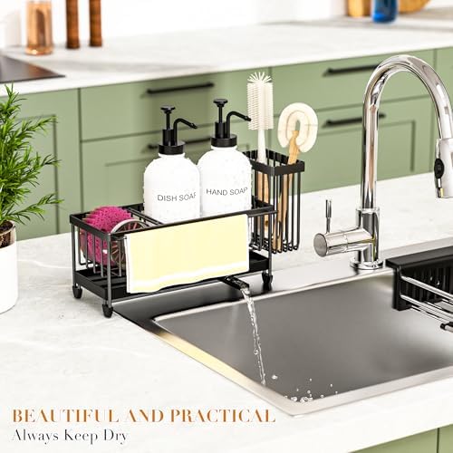 Kitchen Soap Dispenser Set with Sponge Holder and Towel Rack, 17OZ Glass Bottle, Hand and Dish Soap Dispenser Set, Non-Slip Silicone Pad, Brush Holder, Kitchen Sink Caddy Organizer Countertop (White) - Image 6