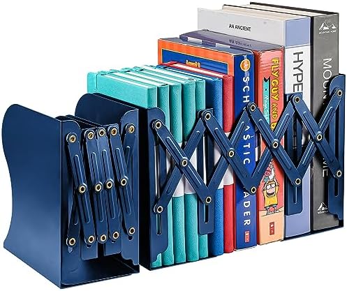 2 Pack Adjustable Metal Book Ends for Heavy Books, Extends Up to 19", Blue by OMEYA