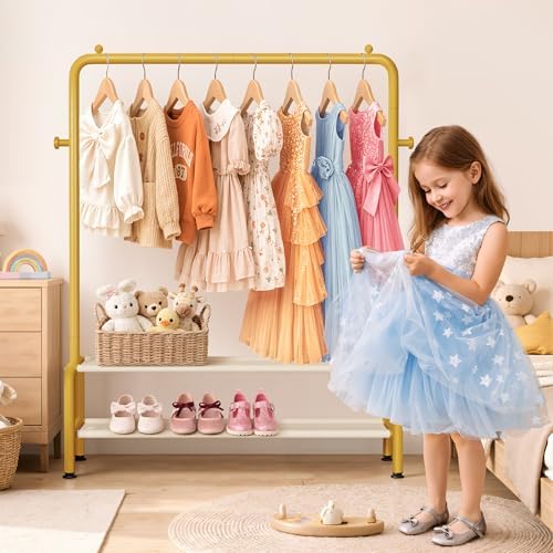 Kids Gold Clothing Rack - Dress Up Clothes Rack - Baby Toddler Closet - Freestanding Coat Racks with 2 Fabric Shelves - Small Kids Costume Wardrobe - Garment Rack for Hanging Clothes Organizer - Image 2