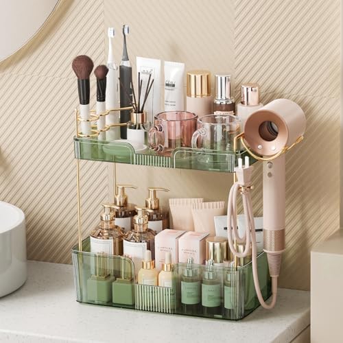 Bathroom Counter Organizer for Vanity, Makeup Organizer Countertop with Holder, Large Capacity Storage Rack, Perfect Large Skincare, Hair Care, Perfume, Easy to Install (Green, 2Tiers) - Image 5