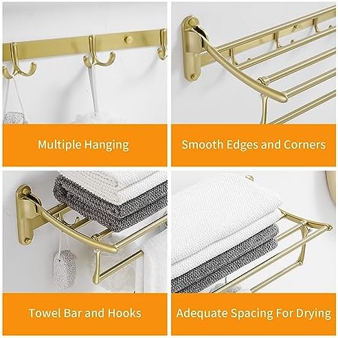 BESy Towel Racks with Foldable Towel Bar Hooks, Wall Mounted Brushed Gold - Image 7