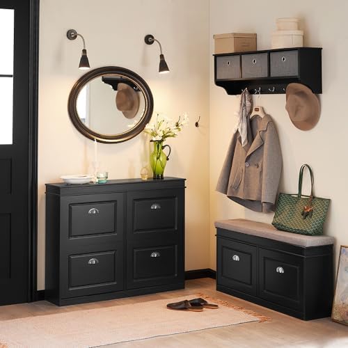 Haotian Black Storage Shoe Bench with Two Flip Drawers - Image 7