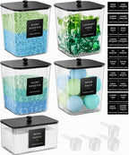 5 Pack Laundry Pods Container, Clear Laundry Room Organization Containers,Large Detergent Powder Storage, Black Wooden Lids & Labels and Scoops for Scent Booster, Powder, Pods by Unknown