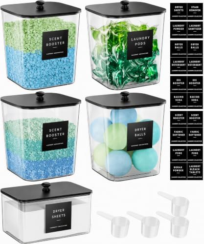5 Pack Laundry Pods Container, Clear Laundry Room Organization Containers,Large Detergent Powder Storage, Black Wooden Lids & Labels and Scoops for Scent Booster, Powder, Pods by Unknown