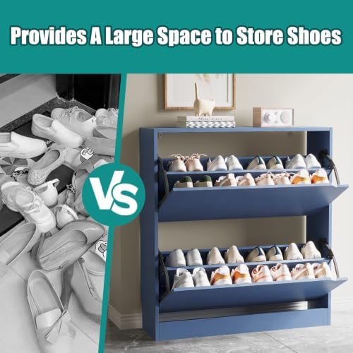 Xixini Shoe Storage Cabinet for Entryway with 2 Flip Drawers, Wood Freestanding Hidden Shoe Storage, Narrow Slim Sturdy Shoe Organizer for Front Door Entrance, Living Room, Hallway, Bedroom, Blue - Image 5
