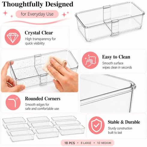 18 Pcs Clear Adjustable Drawer Organizer, 2-Size Desk Drawer Organizer Box, Acrylic Storage Bins for Makeup, Cosmetic, Kitchen Utensils, Bedroom Dressers Tool Organizer for Gadgets (18) - Image 4